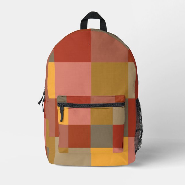 Yellow Orange Tan Multicolored Plaid Printed Backpack (Front)