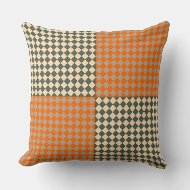 Yellow Orange Taupe Chequered Diamond Pattern Cushion (Front)