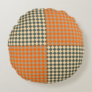 Yellow Orange Taupe Chequered Diamond Pattern Round Cushion