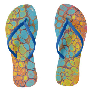Yellow Orange Teal Morning Glory Paint Flip Flops