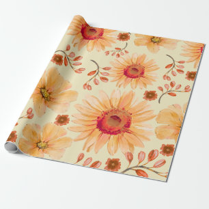 Yellow Orange Terracotta Watercolor Floral  Wrapping Paper
