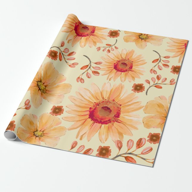 Yellow Orange Terracotta Watercolor Floral  Wrapping Paper (Unrolled)