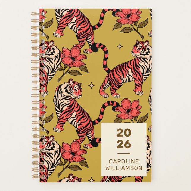 Yellow Orange Tiger Floral Big Cat Personalised Planner (Front)