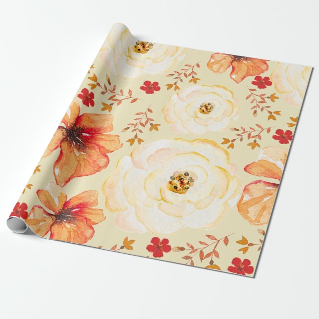 Yellow Orange Watercolor Floral Wrapping Paper (Unrolled)