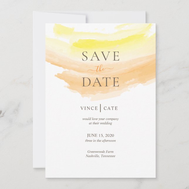 Yellow Orange Watercolor Splash Save The Date (Front)