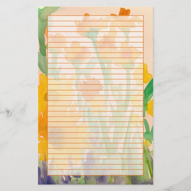 Yellow Orange Watercolor Sunflower Bouquet Lined Stationery (Front)