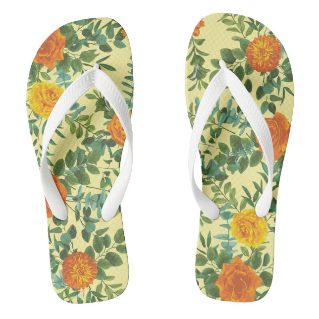 Yellow Orange Wedding Floral Flip Flops (Footbed)
