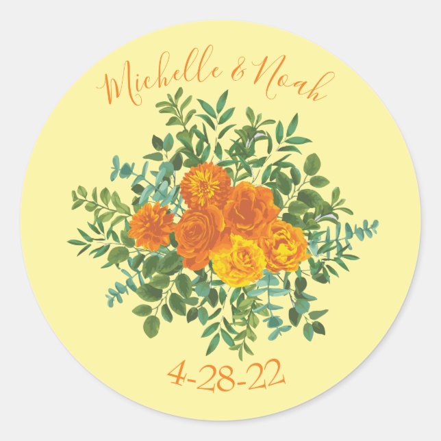 Yellow Orange Wedding Floral Roses Classic Round Sticker (Front)