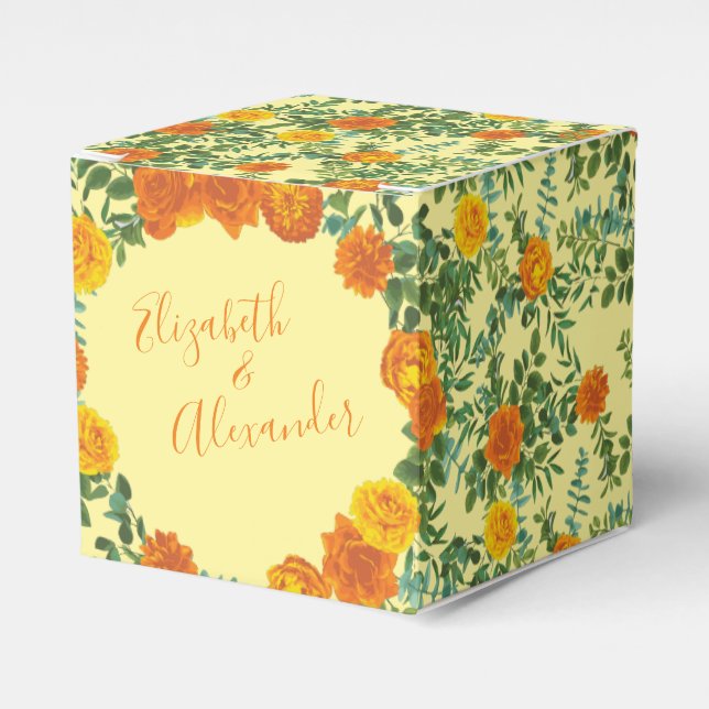 Yellow Orange Wedding Floral Roses Favour Box (Front Side)