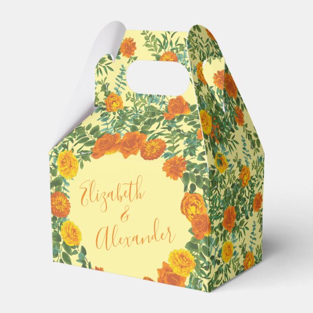 Yellow Orange Wedding Floral Roses Favour Box (Front Side)