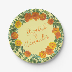 Yellow Orange Wedding Floral Roses Paper Plate