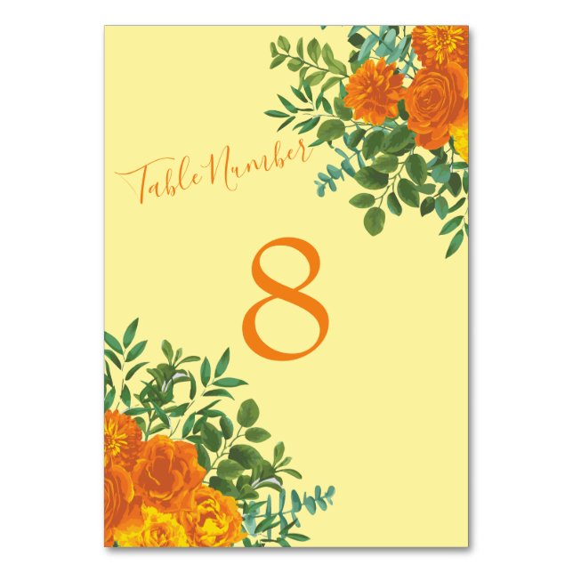 Yellow Orange Wedding Floral Roses Table Number (Back)