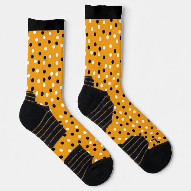 Yellow Orange with Black & White Poke A Dot Design Socks (Right)