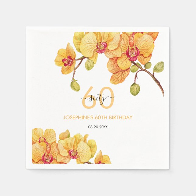Yellow Orchid Flower Botanical Birthday Napkin (Front)