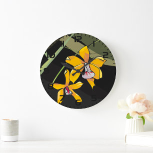 Yellow Orchid Flower Tropical Botanical Large Clock