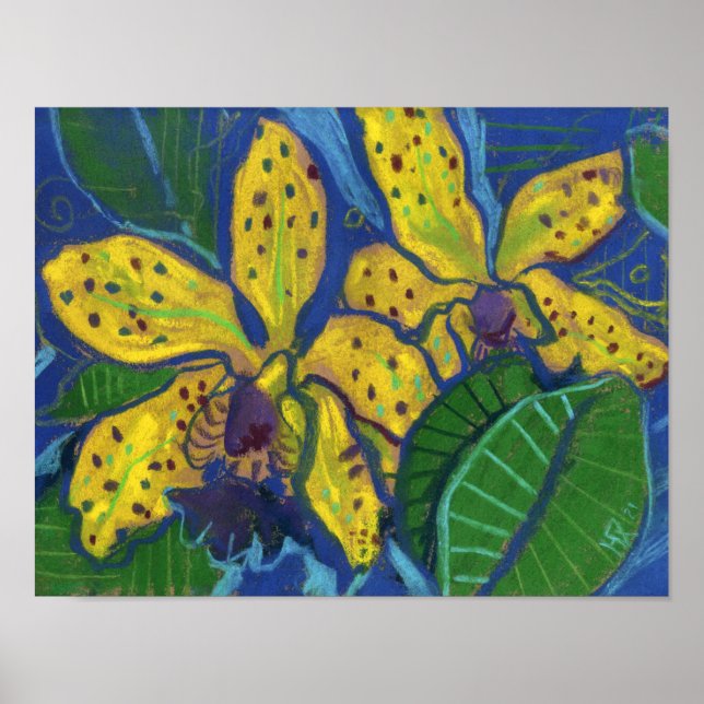 Yellow Orchid Flowers, Pastel Painting Floral Art  Poster (Front)