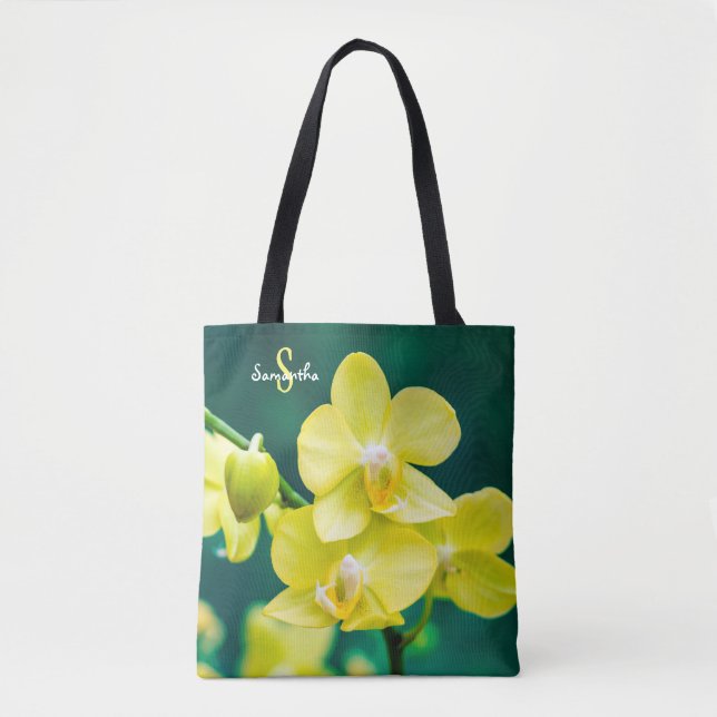 Yellow Orchid on Green Tote bag (Front)