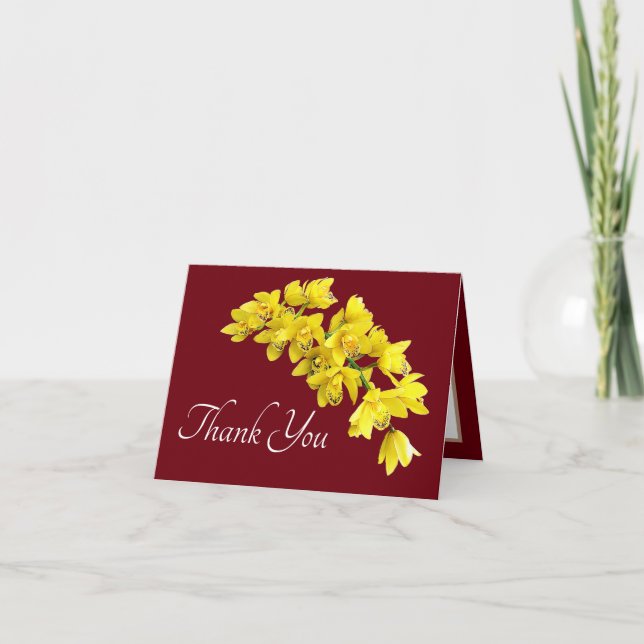 Yellow Orchid Red Background Thank You Card (Front)