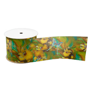 Yellow Orchids Magical Gold Sparkles Stars Green Satin Ribbon