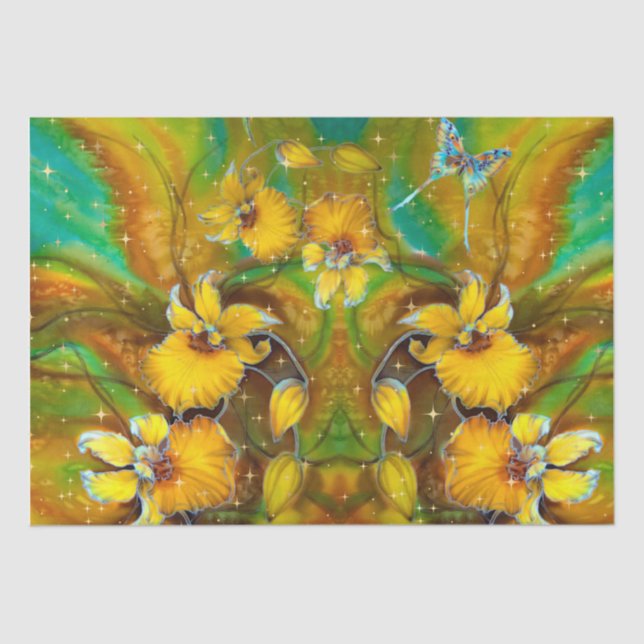 Yellow Orchids Magical Gold Sparkles Stars Green Tissue Paper (Front)
