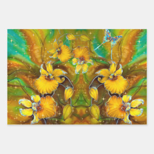 Yellow Orchids Magical Gold Sparkles Stars Green Wrapping Paper Sheet