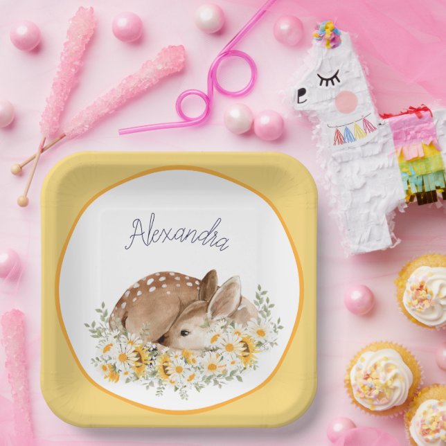 Yellow Our Little Dear Deer, Sunflowers Daisies Paper Plate (Party)