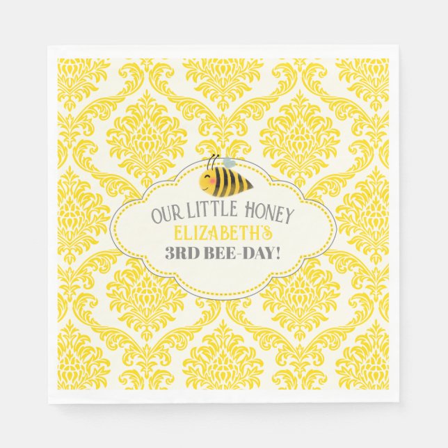 Yellow Our Little Honey Bee Birthday Paper Napkins (Front)