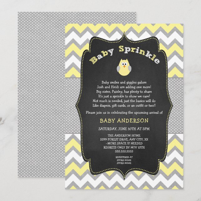 Yellow Owl baby sprinkle, Neutral baby shower Invitation (Front/Back)