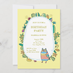 Yellow owl. Floral magic birthday party kids Invitation