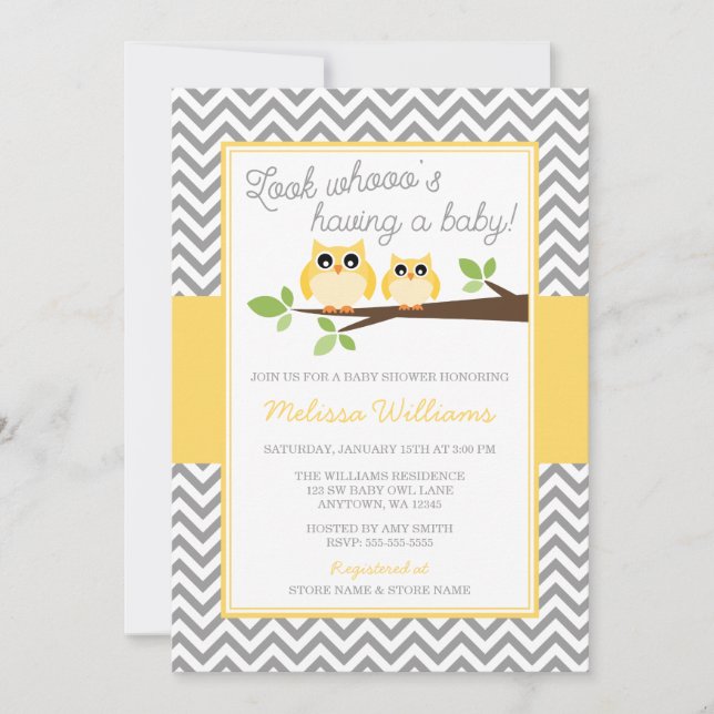 Yellow Owl Grey Chevron Baby Shower Invitation (Front)