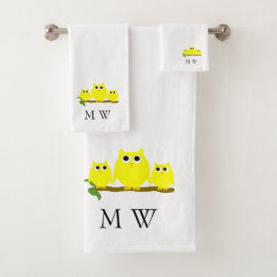 Yellow Owls Design Monogrammed Bath Towel Set