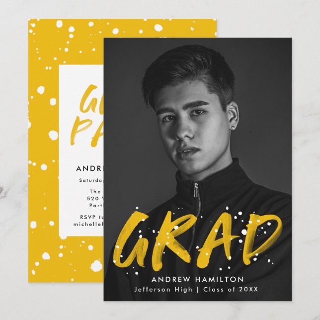 Yellow Paint Splatter Photo Graduation Party Invitation (Front/Back)