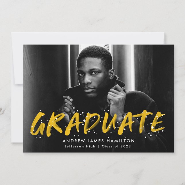 Yellow Paint Splatter Photo Graduation Party Invitation (Front)