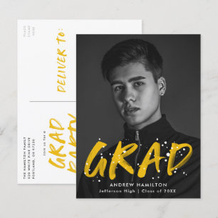 Yellow Paint Splatter Photo Graduation Party Invitation Postcard