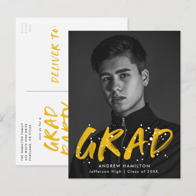 Yellow Paint Splatter Photo Graduation Party Invitation Postcard (Front/Back)