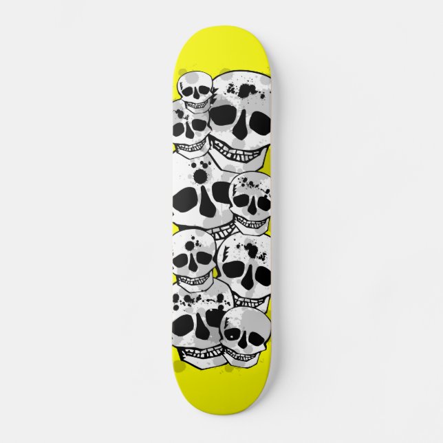 Yellow paint splatter skulls black skateboard deck (Front)