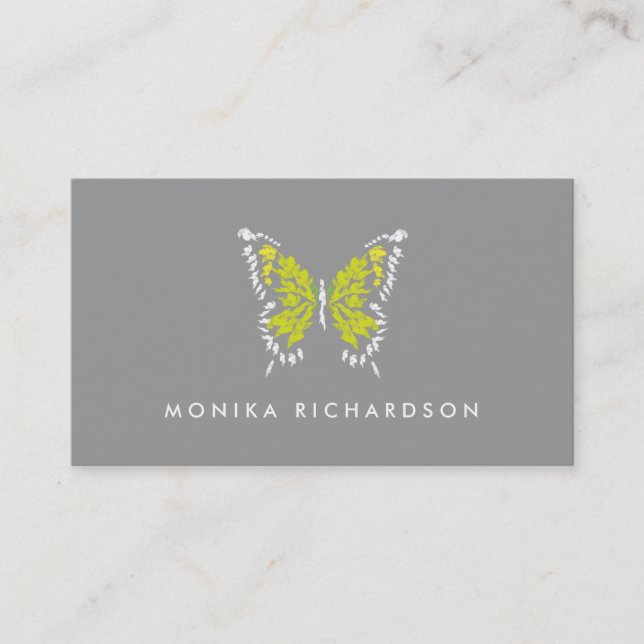 Yellow Painted Butterfly Logo on Grey Business Card (Front)