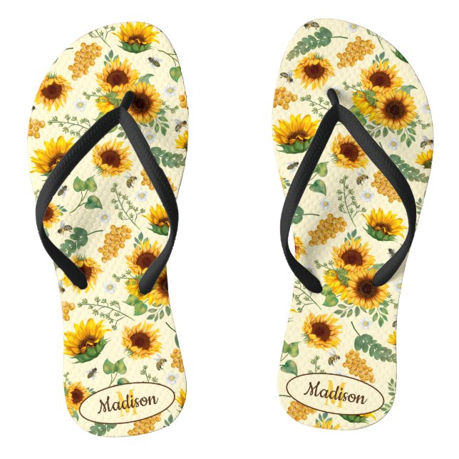 Yellow Painted Sunflowers Bees Pattern Monogram Flip Flops (Footbed)