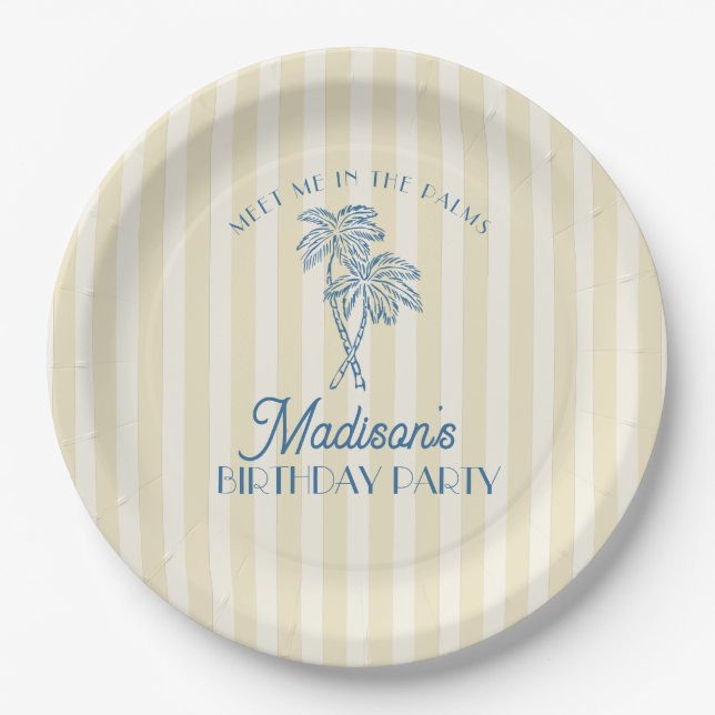 Yellow Palm Spring Pastel Beach Birthday Party Paper Plate (Front)