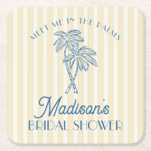 Yellow Palm Spring Pastel Beach Bridal Shower Square Paper Coaster