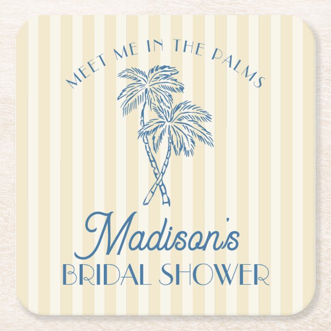 Yellow Palm Spring Pastel Beach Bridal Shower Square Paper Coaster (Front)