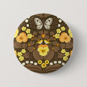 Yellow pansies, birds and butterflies 6 cm round badge