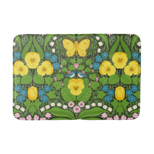 Yellow pansies, birds and butterflies bath mat