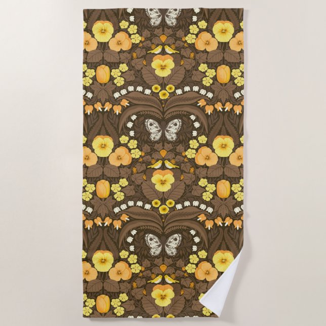 Yellow pansies, birds and butterflies beach towel (Front)