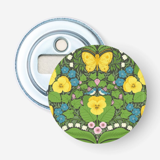 Yellow pansies, birds and butterflies bottle opener (Front)