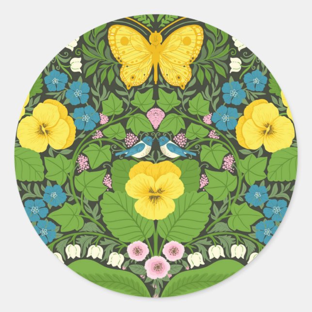Yellow pansies, birds and butterflies classic round sticker (Front)