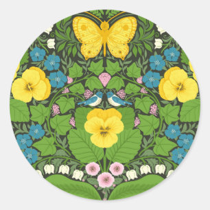 Yellow pansies, birds and butterflies classic round sticker