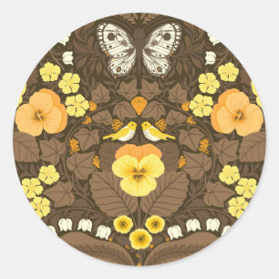 Yellow pansies, birds and butterflies classic round sticker