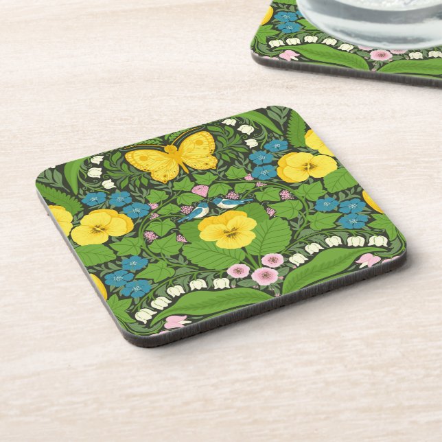 Yellow pansies, birds and butterflies coaster (Left Side)