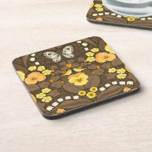 Yellow pansies, birds and butterflies coaster